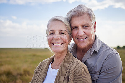 Buy stock photo Love, hug and happy with portrait of old couple in nature for bonding, smile and romance. Calm, retirement and support with senior man and woman in countryside for affectionate, holiday and vacation