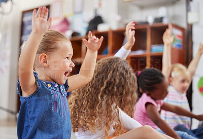 Buy stock photo School, raise hands and children in a classroom for education or knowledge at daycare. Kindergarten, happy and young kid students with a question gesture for learning in a lesson together at nursery.