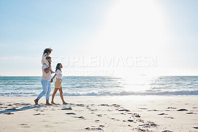 Buy stock photo Walking, beach and family on holiday, summer and stress relief with happiness, relax and weekend break. Parents, mother and father with female kid, tropical island and seaside vacation for travelling
