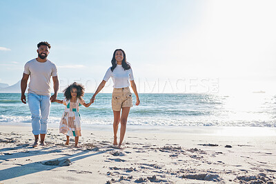 Buy stock photo Family, holding hands with parents and child on beach, travel and people walking together on sand and mockup space. Love, care and man with woman and girl outdoor, tourism and vacation in Mexico