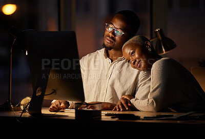 Buy stock photo Night, computer and business people with office romance, relax and flirt with secret relationship. Evening, pc and employees in workplace, embrace and affair with cheating, overtime and hr compliance