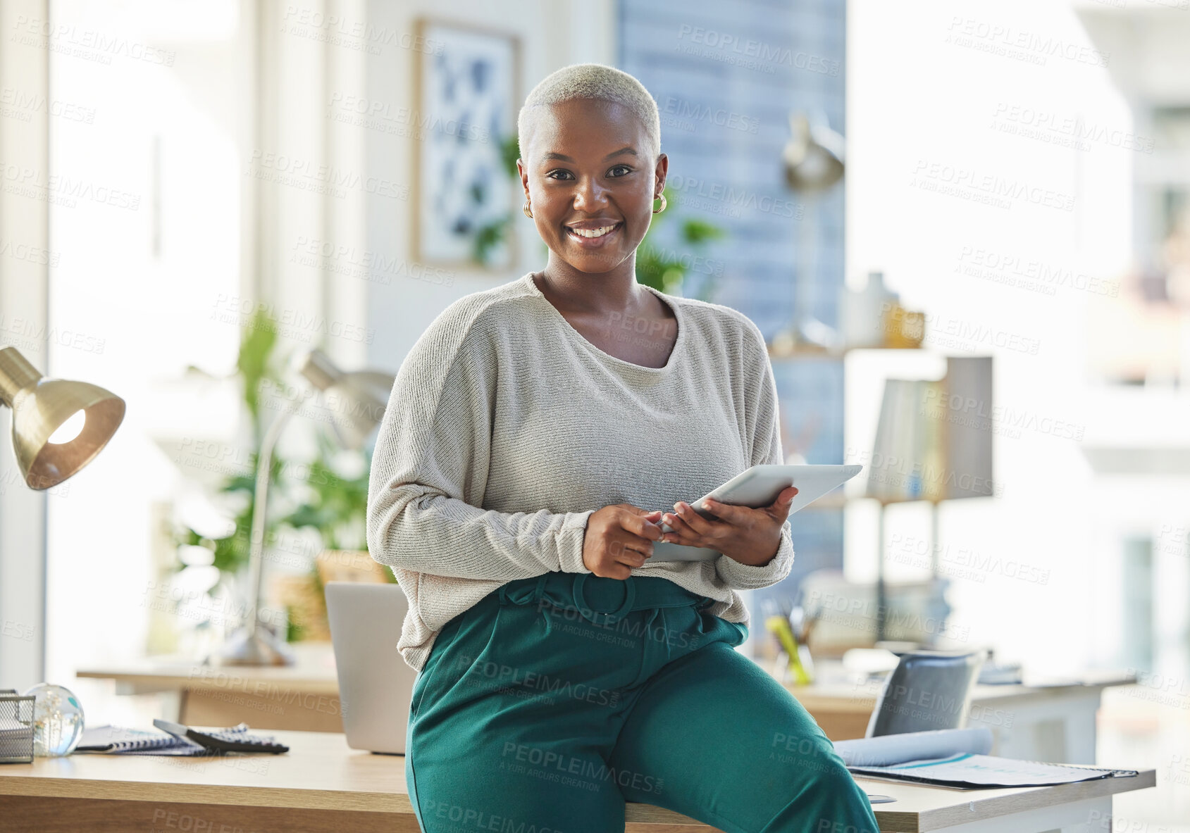 Buy stock photo Research, business or portrait of black woman with tablet networking or searching for content at desk. Digital startup or happy African employee typing online in office with positive mindset or smile