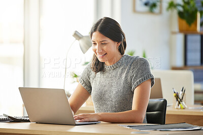 Buy stock photo Laptop, business and woman typing, accountant and working on internet project in office workplace. Auditor, computer and happy female professional writing email, report or research for bookkeeping.