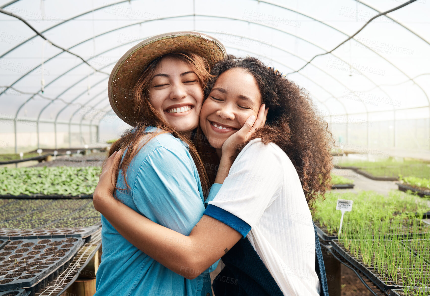 Buy stock photo Cropped shot of two attractive young women hugging while working in a greenhouse on a farm