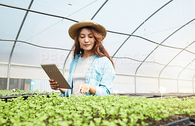 Buy stock photo Cropped shot of an attractive young woman using a tablet while working in a greenhouse on a farm