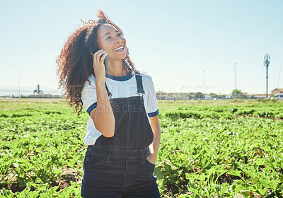 Buy stock photo Outdoor, woman and farming with smartphone for phone call, communication and vegetable growth. Field, female farmer and think with mobile for plants questions, agriculture tips and talking to contact