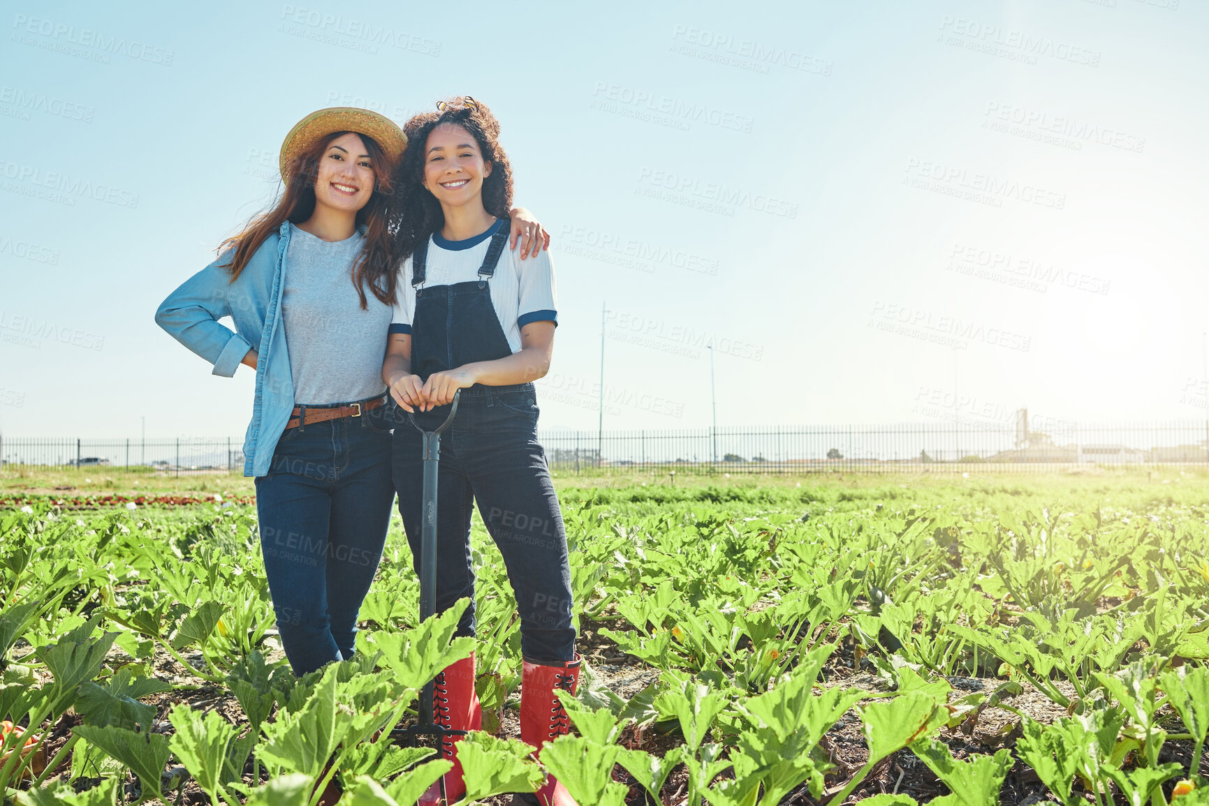 Buy stock photo People, farmer and team for farm work, agriculture production and shovel for harvest in portrait. Countryside, professional gardening and confident collaboration in field, outdoor and partnership