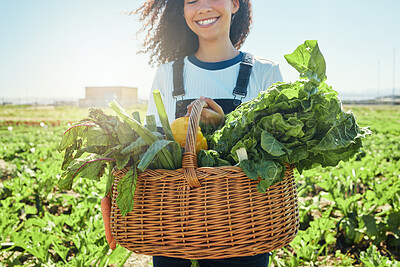 Buy stock photo Shot of a farmer holding a basket of freshly harvested veggies