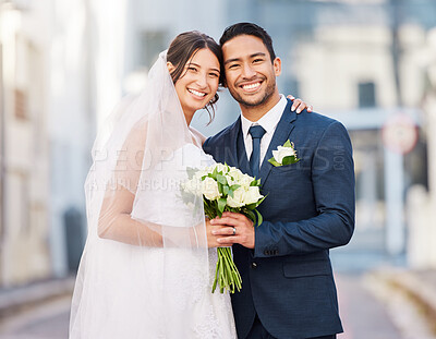 Buy stock photo Portrait, bride and groom at wedding in city outdoors happy to start a happy marriage journey together. Smile, save the date and married couple holding a bouquet of flowers at a love celebration 
