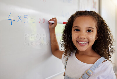 Buy stock photo Whiteboard, math and portrait of girl learning, studying and education in classroom. Development, mathematics and face of happy kid or student with equations, numbers and multiplication in school.