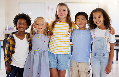 Buy stock photo Education, portrait or children in classroom learning or studying in preschool together with support. Kids development, diversity or happy students with growth mindset for knowledge in kindergarten