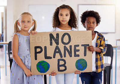 Buy stock photo Kids, portrait and poster with friends in protest in a classroom holding a sign for eco friendly activism. Children, green and a kindergarten group standing together for community or ecology