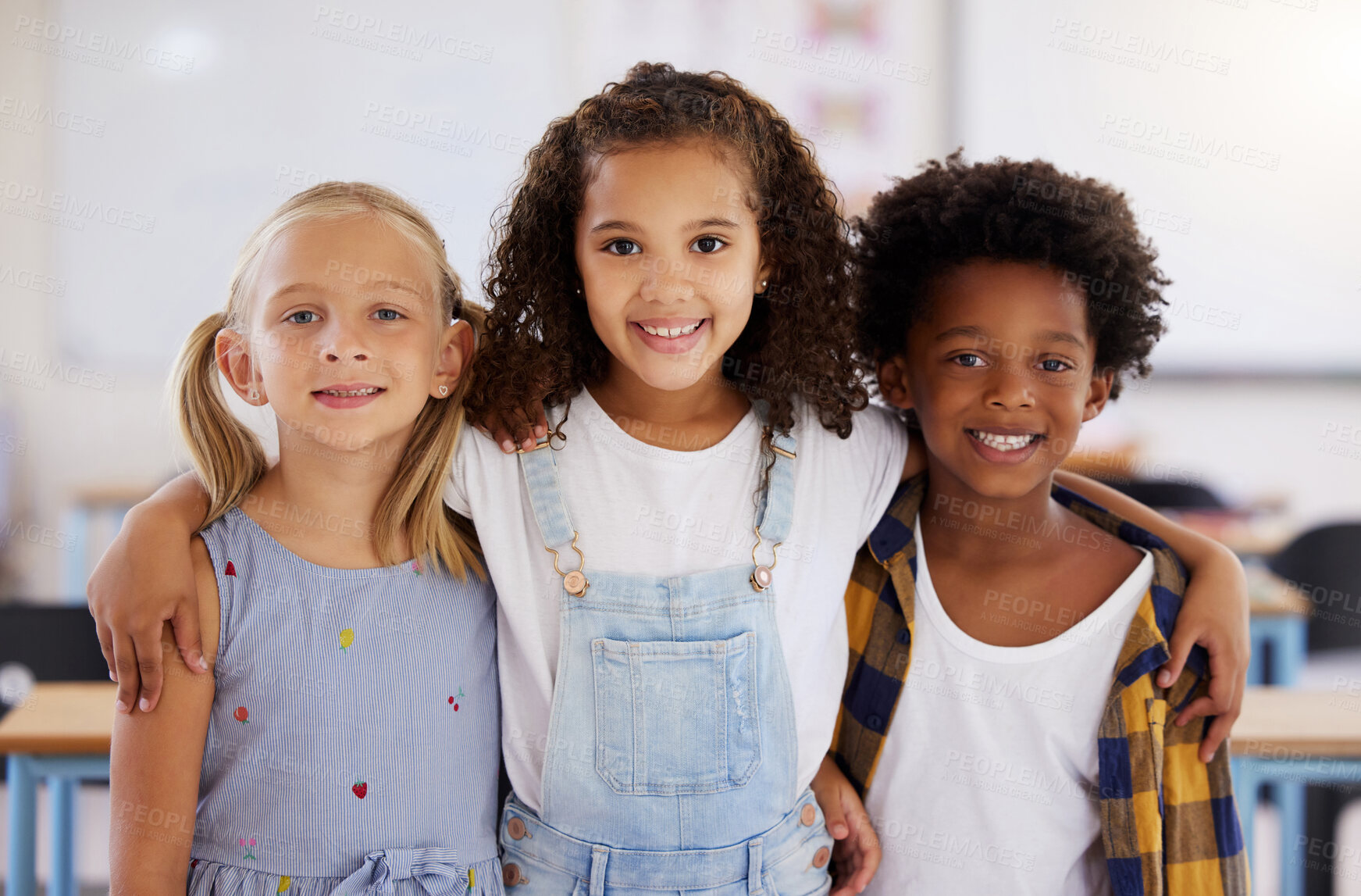 Buy stock photo Education, portrait or happy children in classroom learning or smiling in preschool together with support. Kids development, diversity or students with growth mindset for knowledge in kindergarten