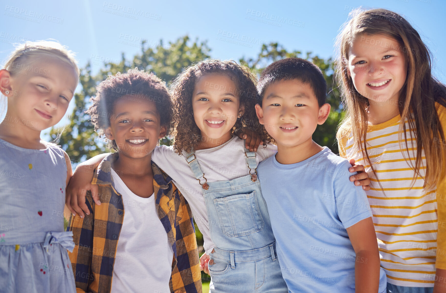 Buy stock photo Friendship, kids and portrait of friends in a park playing together outdoor in nature. Happiness, diversity and children with a smile standing, embracing and bonding in a outside garden or playground