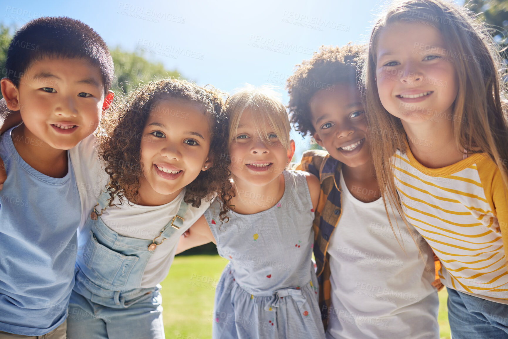 Buy stock photo Happy, smile and portrait of kids in a park playing together outdoor in nature with friendship. Happiness, diversity and children friends standing, embracing and bonding in a outside green garden.