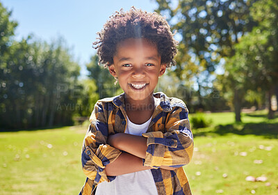 Buy stock photo Portrait, arms crossed and black kid in nature, smile and vacation outdoor. Face, happiness and confident boy or child from South Africa having fun or enjoying summer holiday travel at park or garden