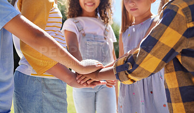 Buy stock photo Hands together, support and children outdoor, solidarity and trust with motivation, games or growth. Closeup, kids or youth group with gesture for teamwork, commitment or fun with development or goal