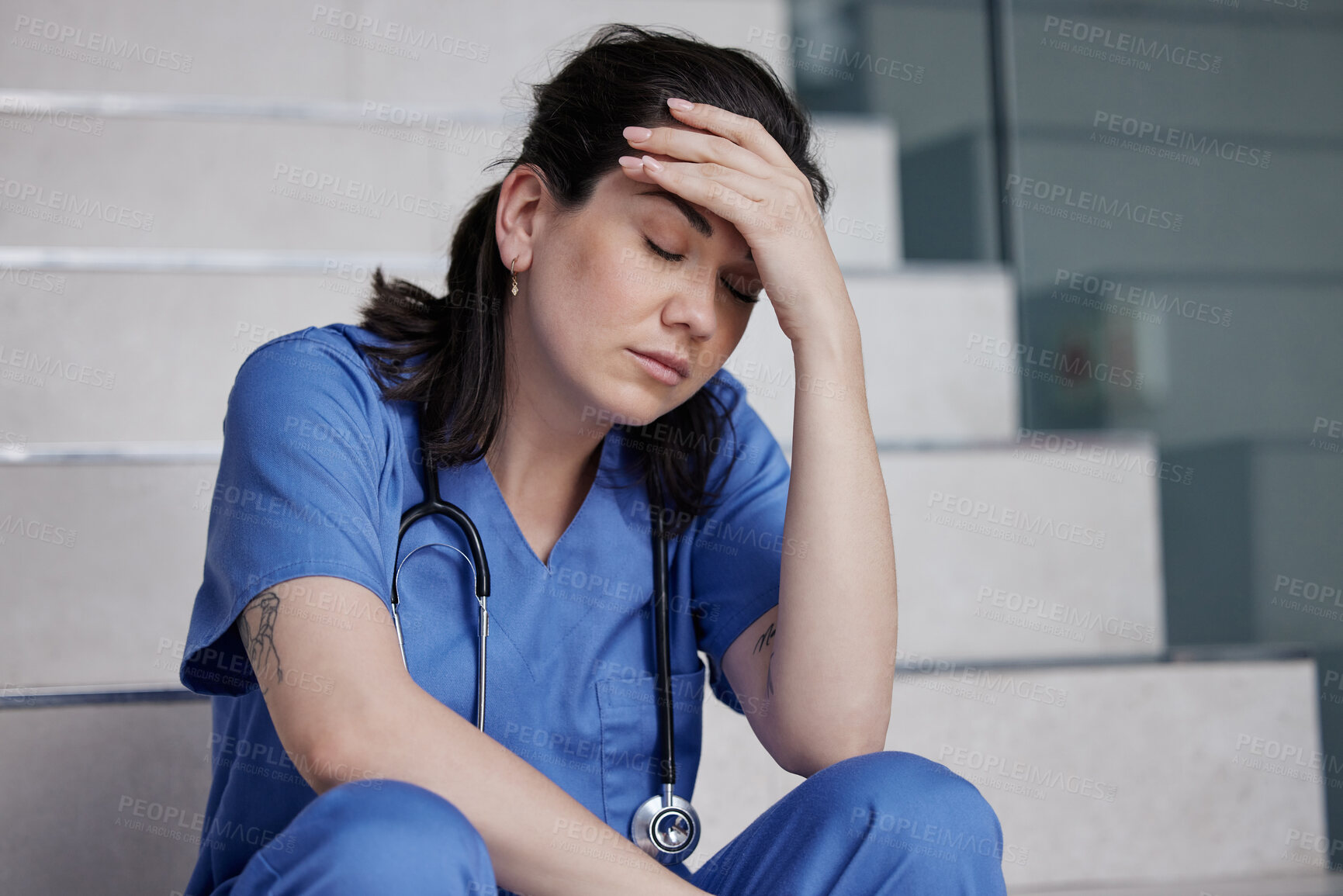 Buy stock photo Tired, doctor and headache with stress at hospital for medical fail, depression and anxiety of burnout. Fatigue, female surgeon and migraine from healthcare mistake, surgery news and emergency crisis