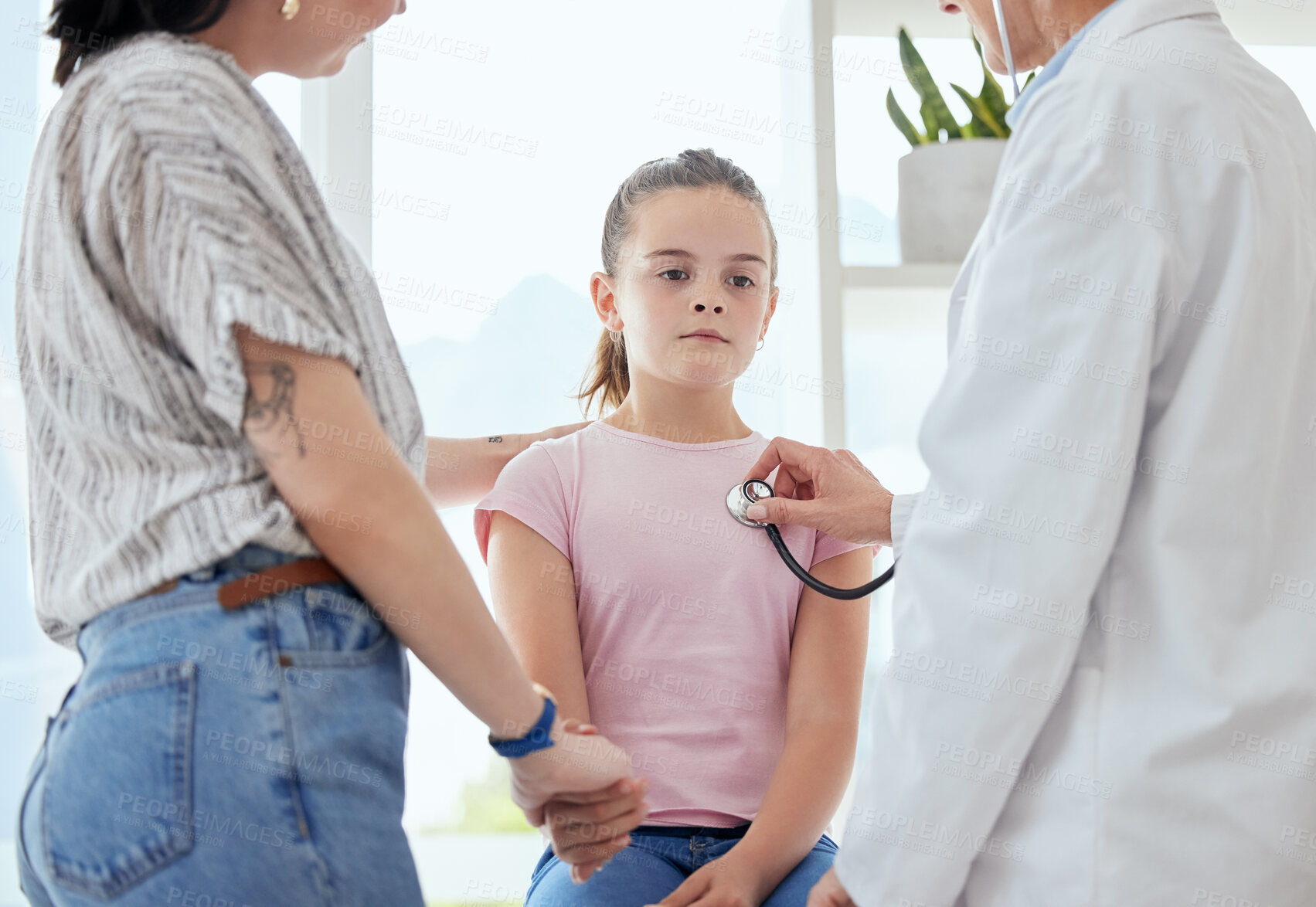 Buy stock photo Little girl, doctor and mother with heart beat for checkup, appointment or visit together at hospital. Mom, child and healthcare cardiologist with stethoscope for exam, test or diagnosis at clinic