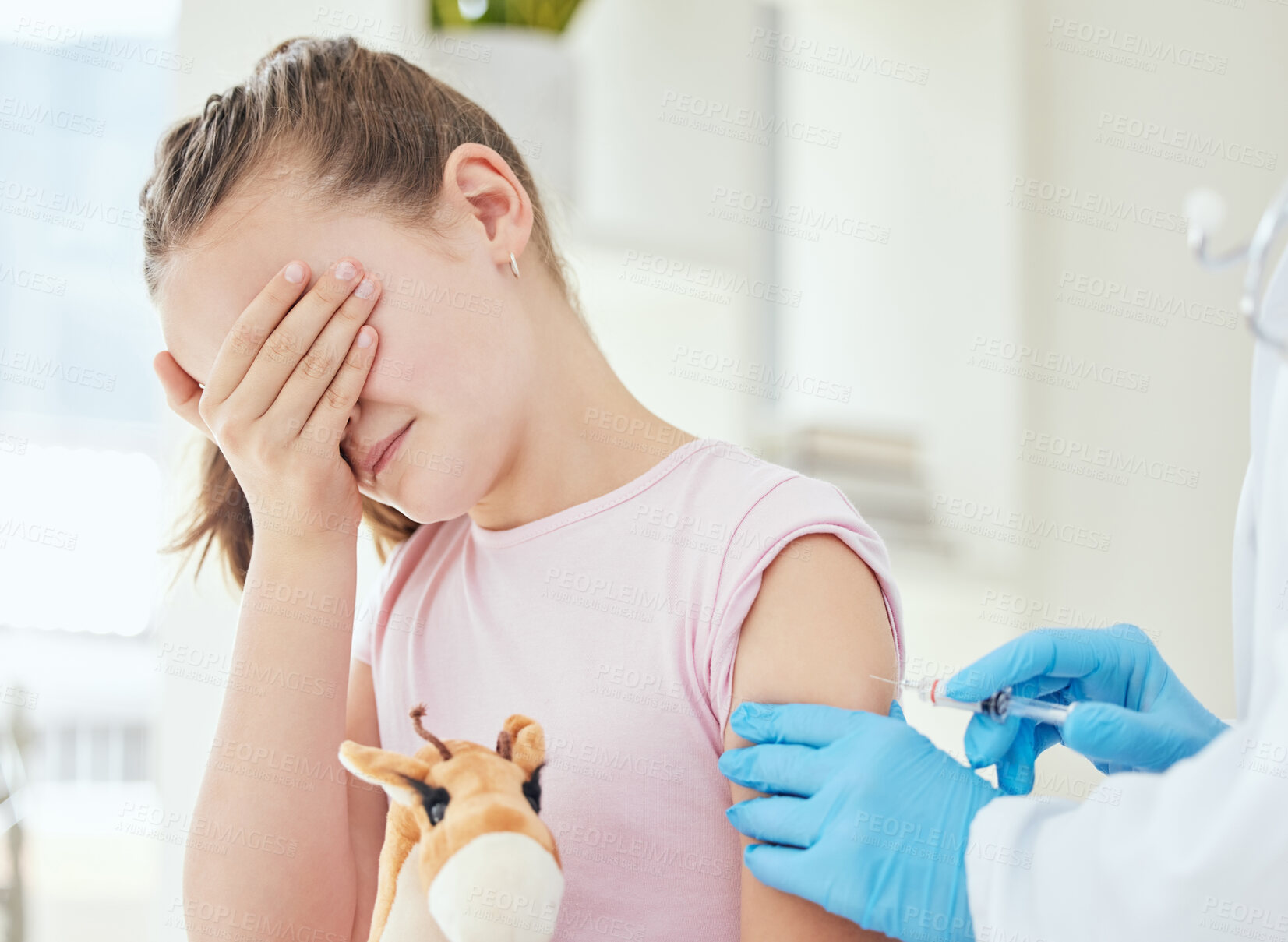 Buy stock photo Scared girl, doctor or injection with vaccination for healthcare, cure or immune booster at hospital. Child, kid or medical worker with needle for vaccine, flu shot or immunity at clinic appointment