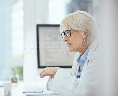 Buy stock photo Consultation, computer and woman in healthcare for talking, feedback or advice for diagnosis in clinic. Career, mature doctor or discussion by tech screen for treatment results or medical information