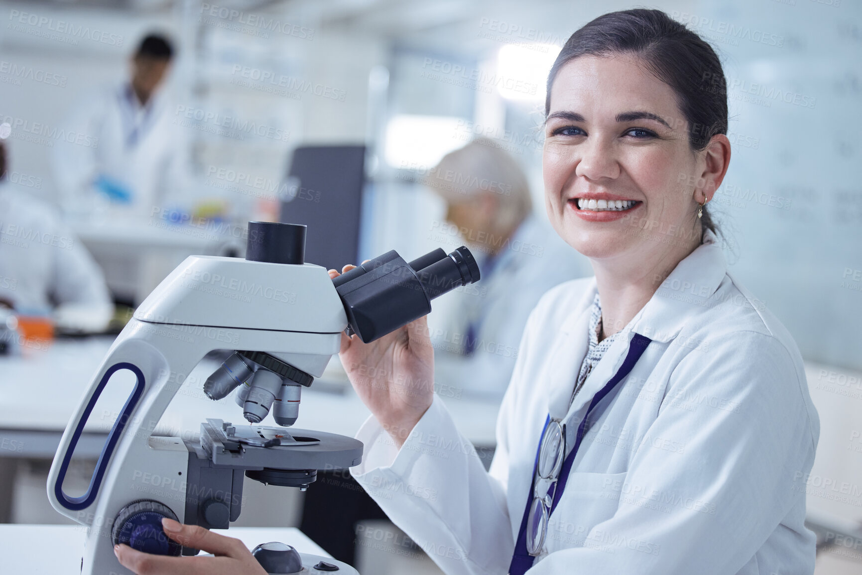 Buy stock photo Woman scientist, portrait and medical research in chemistry lab for science experiment in pathology. Female person, microscope and smile for pharmaceutical test, analysis and mpox vaccine in Denmark