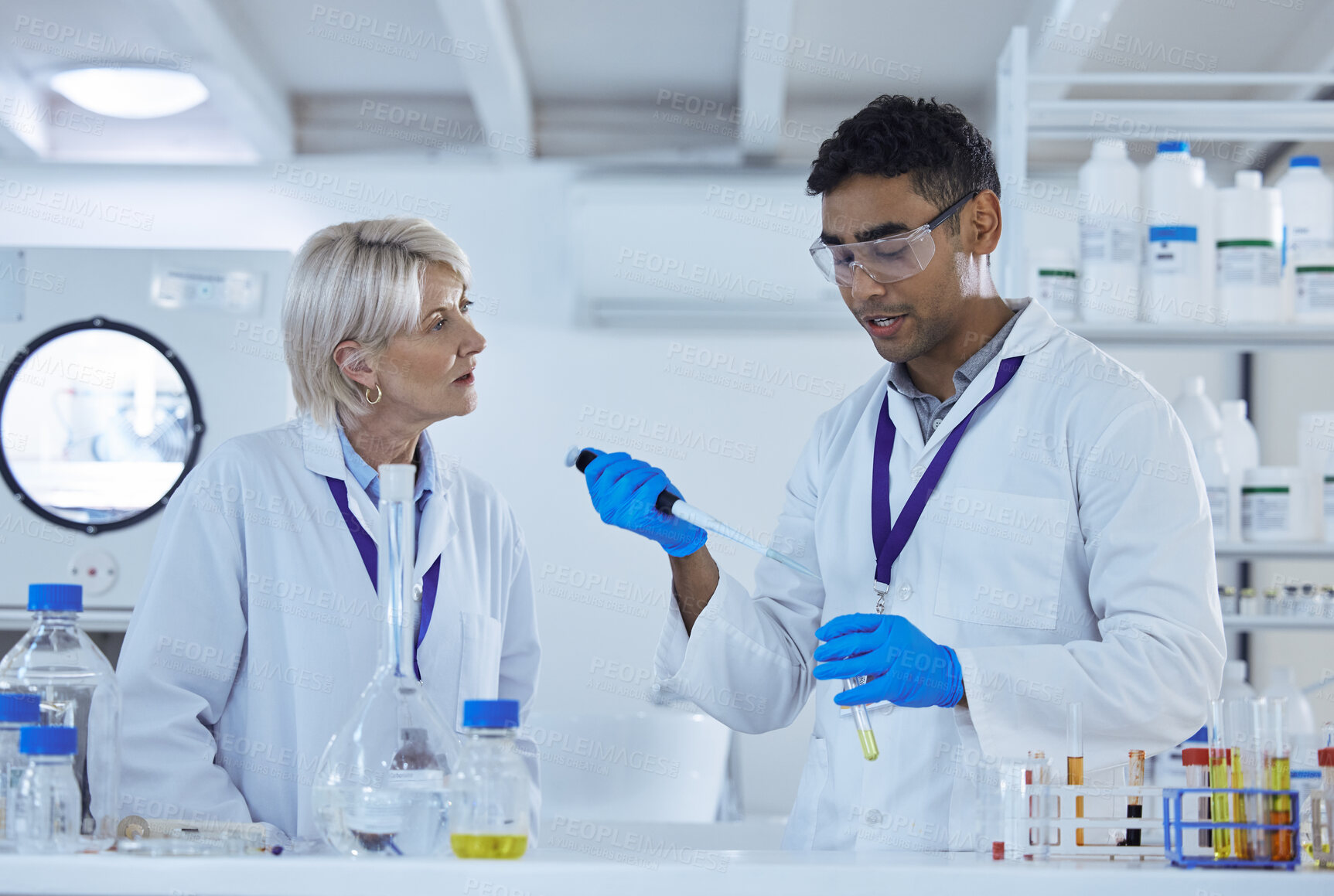 Buy stock photo People, pipette and scientist with medical research, chemistry laboratory and science for pharmaceutical. Colleagues, biochemical and sample in pathology test or analysis for mpox vaccine in hospital