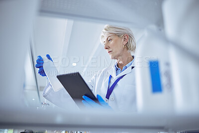 Buy stock photo Shot of a mature female scientist working on her digital tablet in the lab