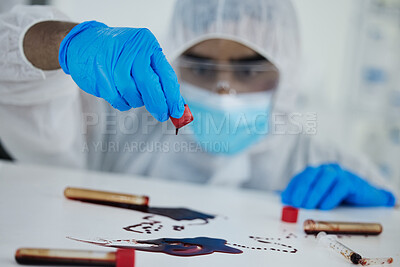 Buy stock photo Scientist, blood and sample with DNA for investigation, crime scene or decontamination at laboratory. Hands, science and chemical biologist with hazmat suit for health and safety in quarantine zone