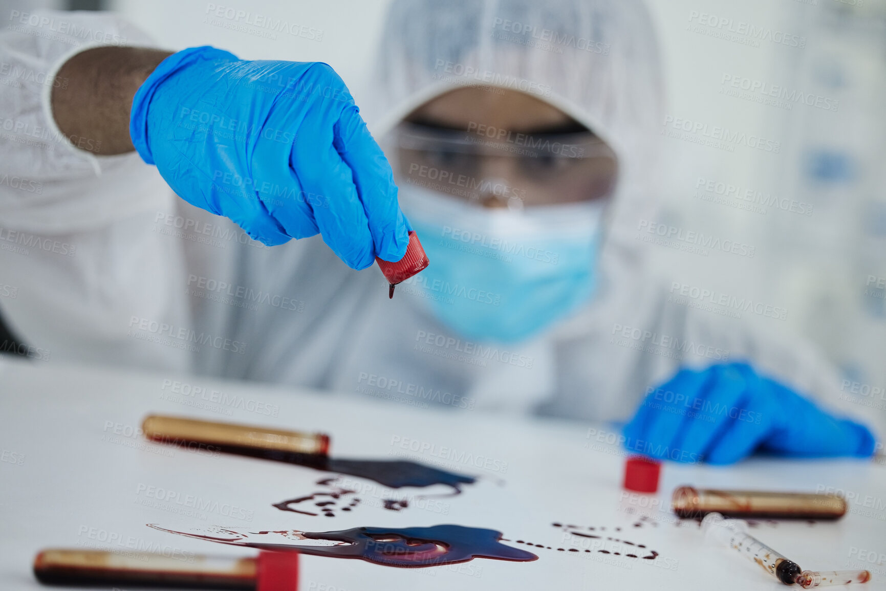 Buy stock photo Scientist, blood and sample with DNA for investigation, crime scene or decontamination at laboratory. Hands, science and chemical biologist with hazmat suit for health and safety in quarantine zone