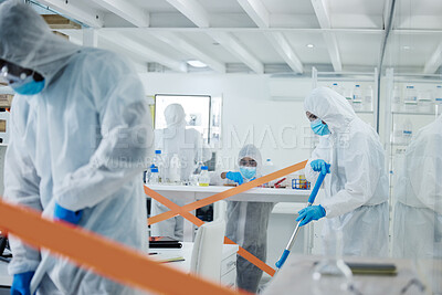 Buy stock photo People, disinfection or investigation team with hazmat suit for cleaning, health and safety in laboratory. Scientists, group or biohazard squad sanitizing workspace or lab for hygiene or sanitation