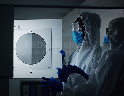 Buy stock photo Science, ppe and people with incubator in laboratory for contamination, protection and bacteria study. Medical, scientist and teamwork with apparatus for mpox vaccine development, biohazard or safety