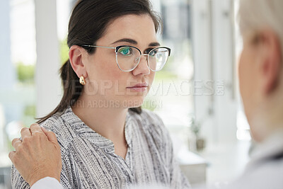 Buy stock photo Patient, doctor and consultation at the hospital with support and comfort for cancer result with trust. Client, medical and professional with empathy and help with bad news for healthcare in closeup.
