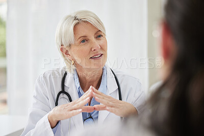 Buy stock photo Patient, doctor and woman in consultation, discussion and diagnosis with treatment, cure and explain health issue. Mature female employee, medical professional and client talking, results and advice