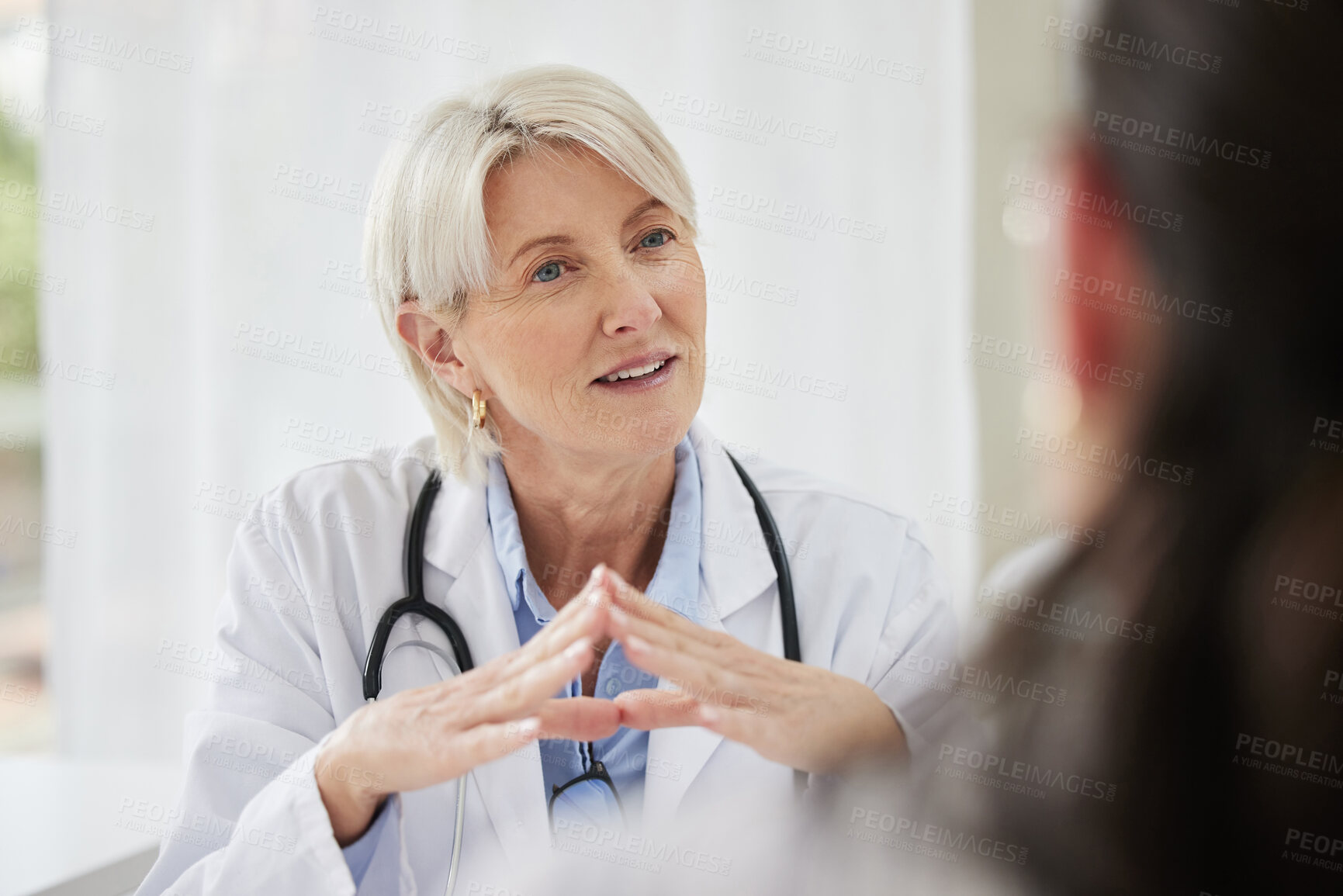 Buy stock photo Patient, doctor and woman in consultation, discussion and diagnosis with treatment, cure and explain health issue. Mature female employee, medical professional and client talking, results and advice