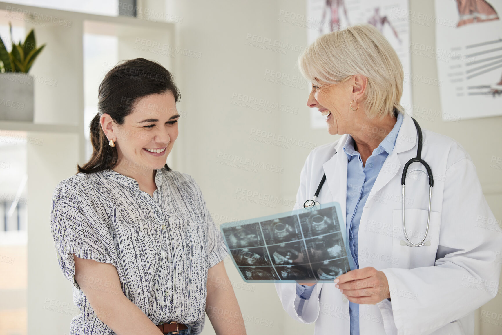 Buy stock photo Women, doctor and patient with scan at office for results on consultation, advice and diagnosis. Hospital, medical professional and discussion with smile or happy for good news, support and health