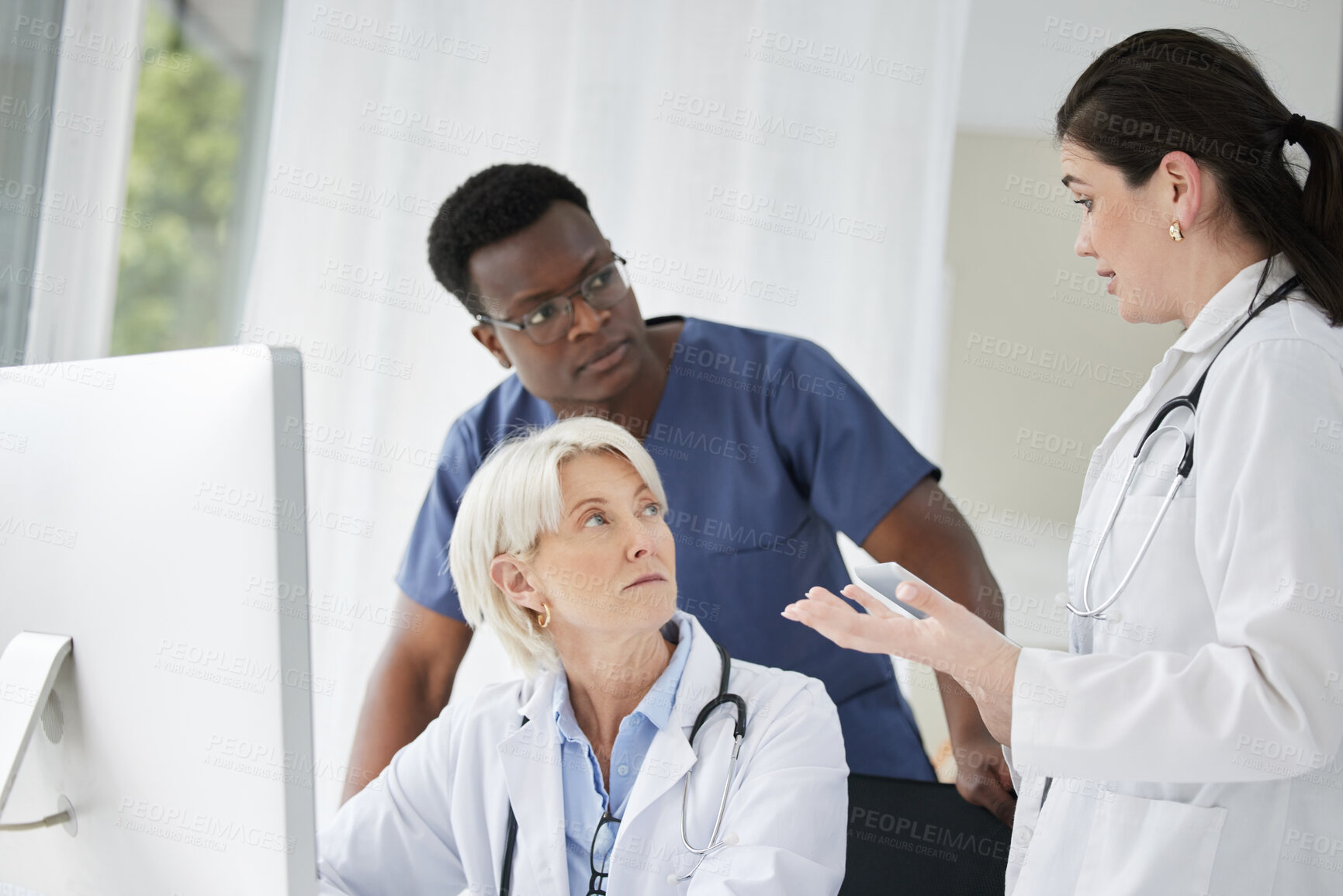 Buy stock photo People, medical professionals and discuss on computer at office for research and investigation results. Hospital, doctors and nurse on meeting for patient information with teamwork and collaboration