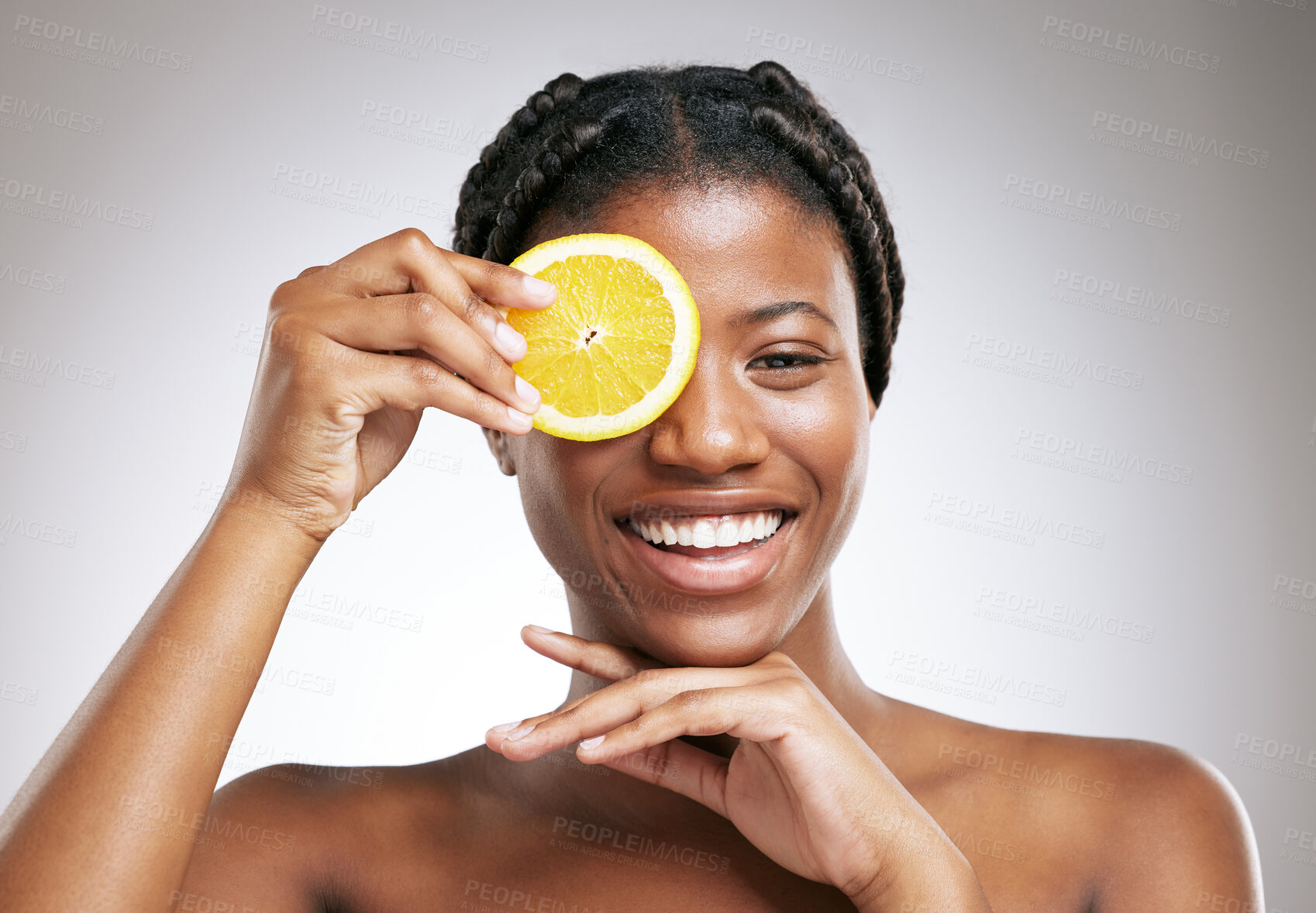 Buy stock photo Beauty, skincare and lemon with portrait of black woman in studio for cosmetics, vitamin c and facial. Self care, glow and organic treatment with person on white background for clean, natural and spa