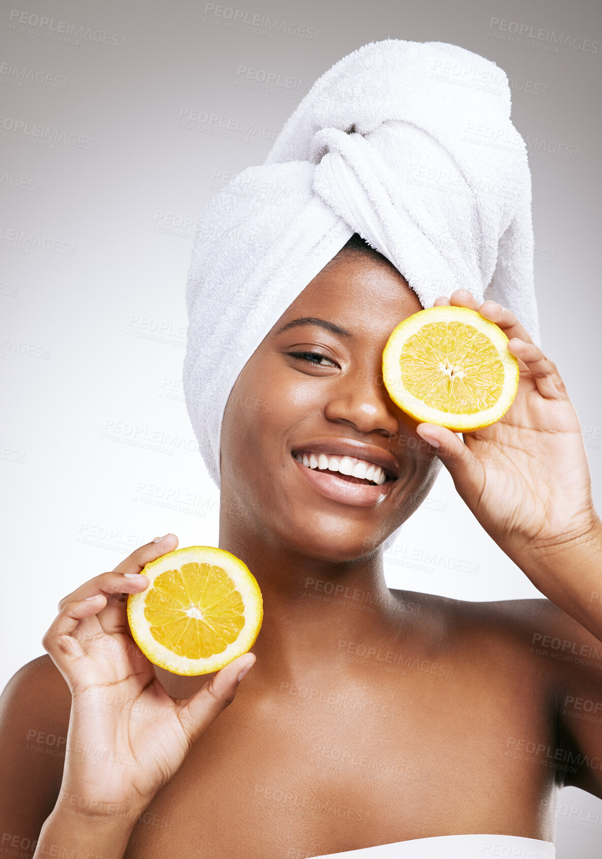 Buy stock photo Spa, skincare and lemon with portrait of black woman in studio for cosmetics, vitamin c and facial. Self care, glow and organic treatment with person on white background for clean, natural and beauty