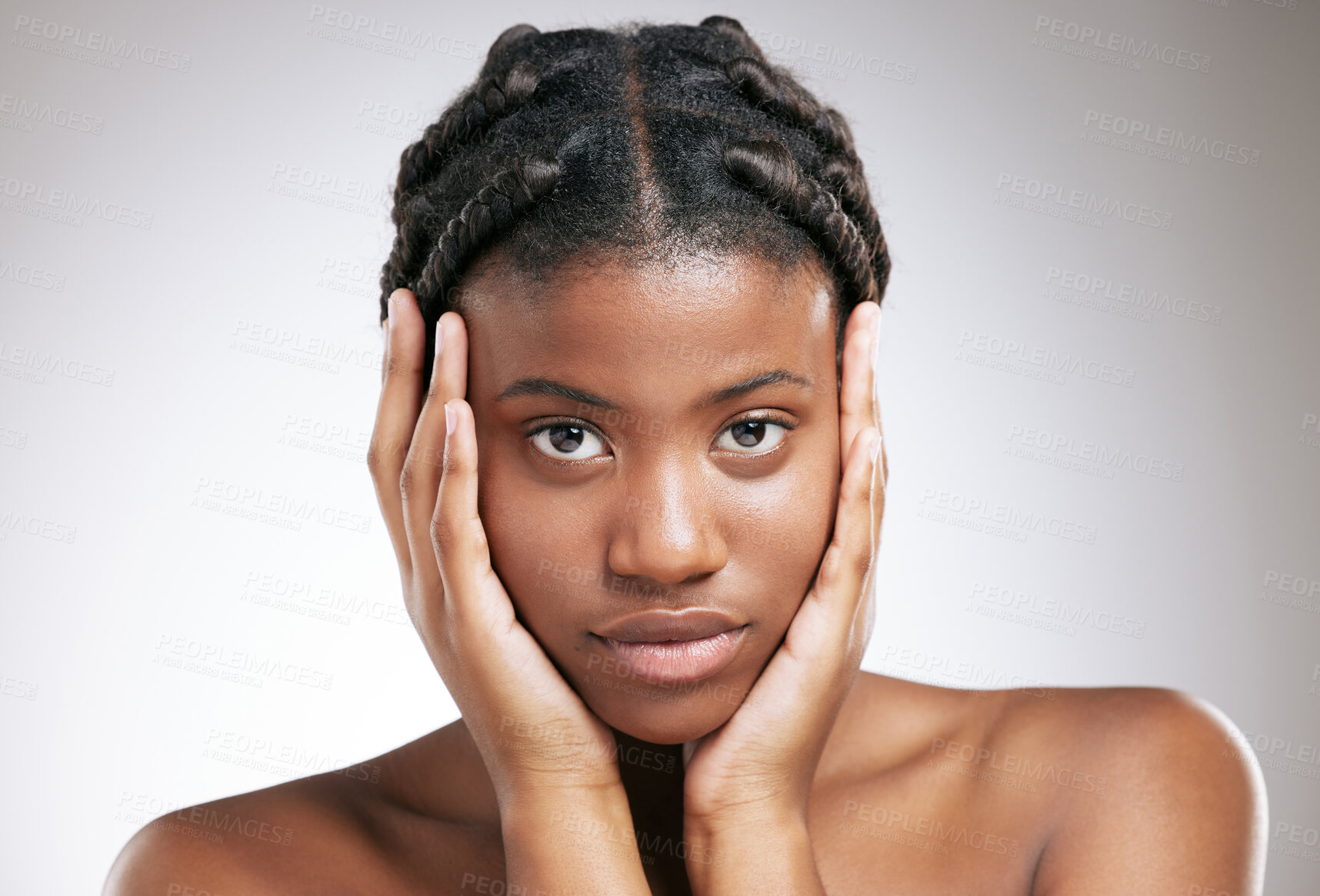 Buy stock photo Skincare, serious and portrait of black woman by studio background for dermatology, treatment and results. African person, relax and confident with pride for cosmetics, facial glow and natural beauty