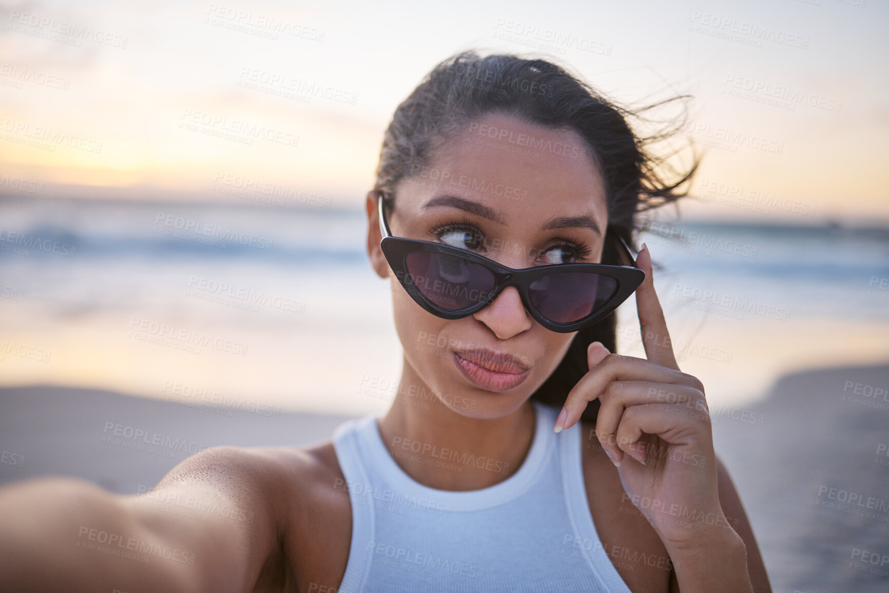 Buy stock photo Beach, woman and sunglasses with selfie on holiday for social media post and profile picture in Mauritius. Female person, smile and portrait on summer vacation for memories, relax and break on breeze