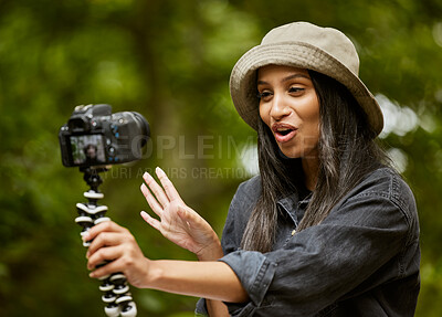 Buy stock photo Woman, vacation and selfie in nature, hiking and forest for travel influencer on vlog. Female person, trekking and capture memory of jungle ecosystem, live streaming and talking to online audience