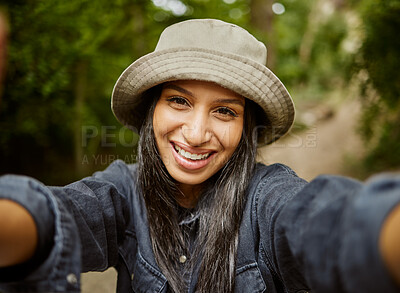 Buy stock photo Woman, hands and selfie portrait in nature, hiking and forest for trip to Indonesia for blog. Female person, trekking and capture memory for media, travel and outdoor for photography on holiday 