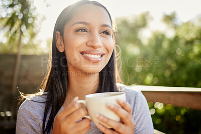 Buy stock photo Happy woman, thinking and coffee on balcony for travel, vacation and calm for mental health. Girl, tea and relax on resort deck with smile, comfort and peace with nature view at luxury accommodation