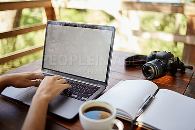 Buy stock photo Remote work, hands or outdoor with laptop screen for typing, creative writing or editing at lodge. Nature photographer, person or tech on cabin deck for research, schedule or planning travel journal