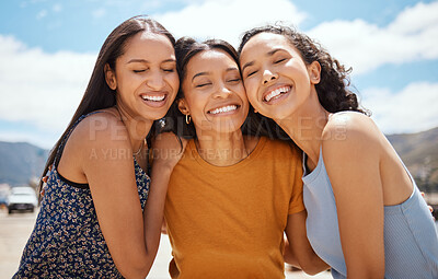 Buy stock photo People, hug and outdoor support on vacation, reunion and group together for bonding. Friends, weekend trip and embrace for love or trust in Monaco, women travel and holiday for tourism adventure