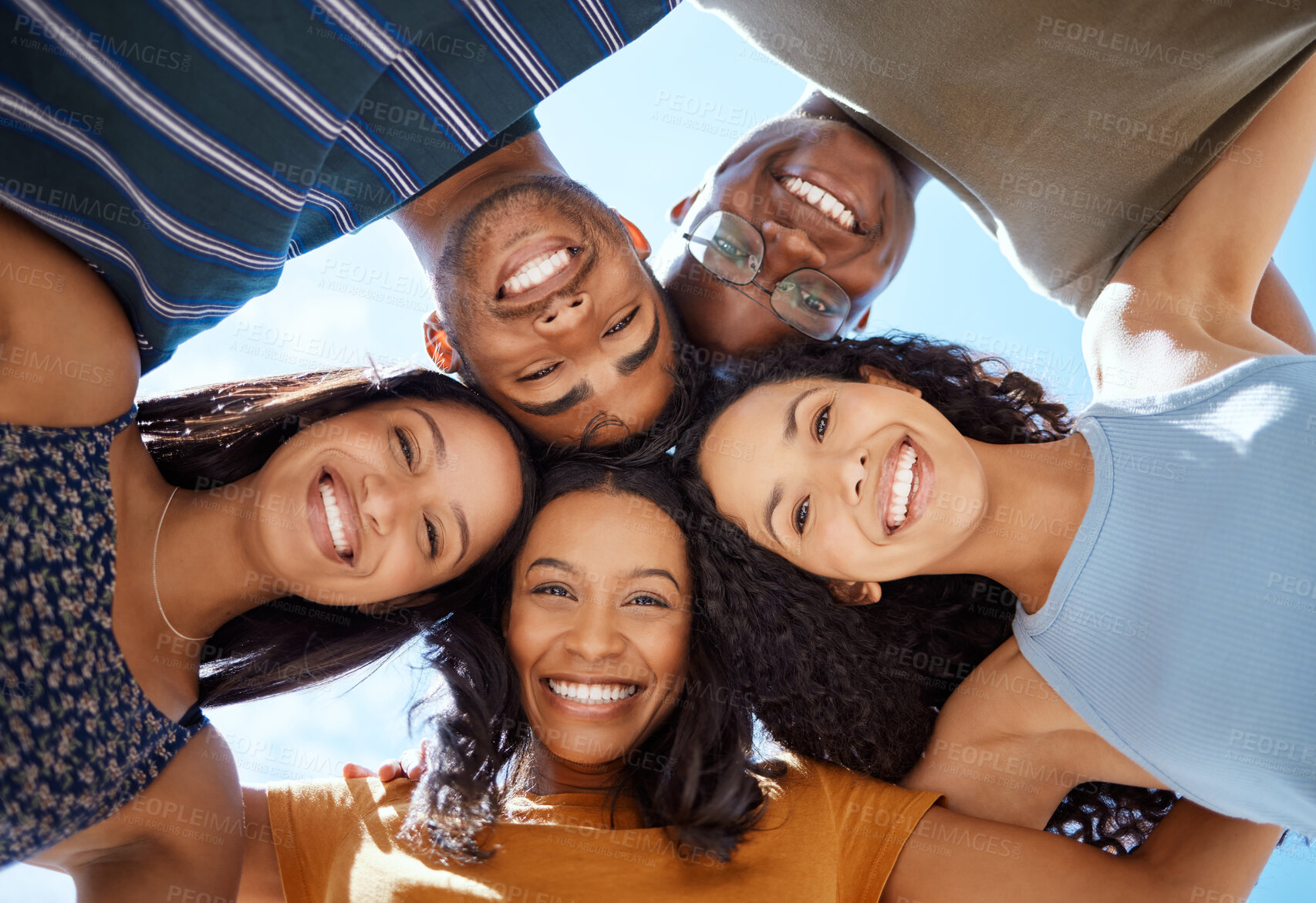 Buy stock photo Below, friends and happy in nature for portrait, synergy and smile for diversity in student community. People, excited or outdoor for huddle with support, trust or bonding or relationship development