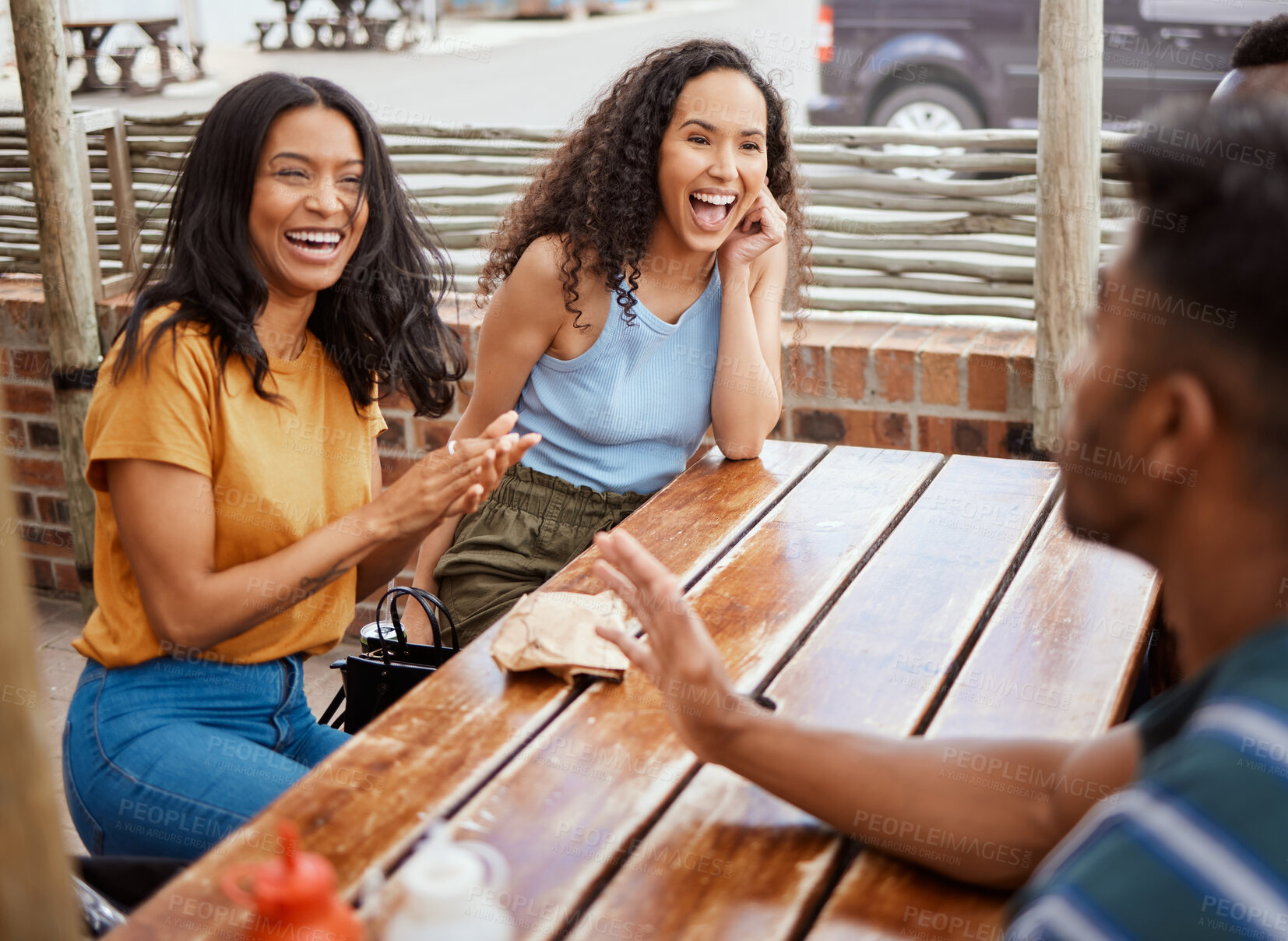 Buy stock photo Friends, happy and people in restaurant for conversation, talking and social gathering in city. Laughing, chill and men and women in diner, cafe or coffee shop for bonding, relax and fun on weekend