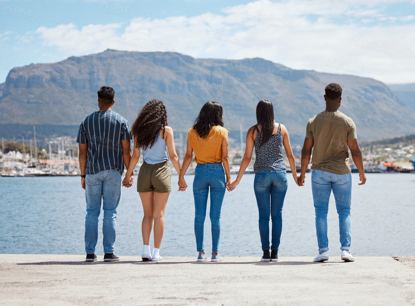 Buy stock photo People, holding hands and outdoor freedom on holiday, reunion and group together for bonding. Friends, weekend and support on adventure for hangout in Monaco, back and waterfront for celebration