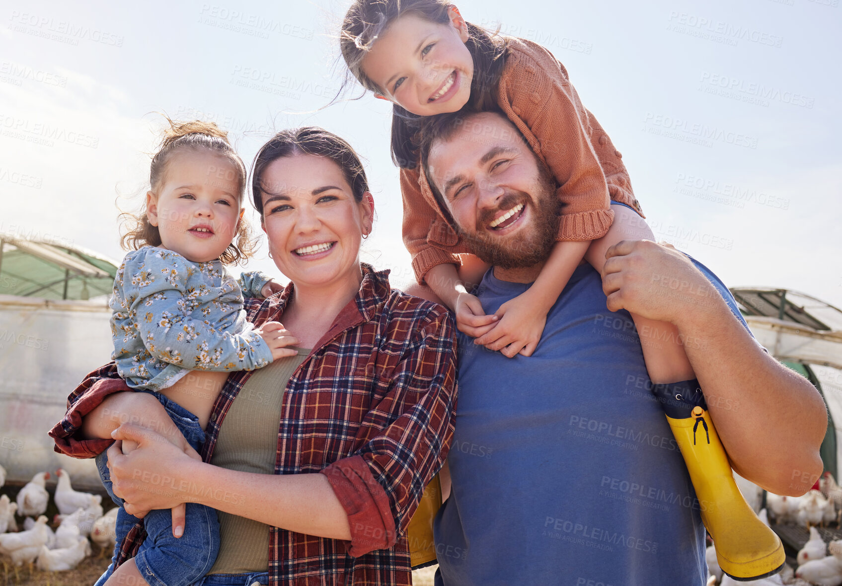 Buy stock photo Farm, chicken and portrait of parents with kids in field for sustainability, livestock and poultry production. Agriculture, nature and mom, dad and children with free range birds for protein industry